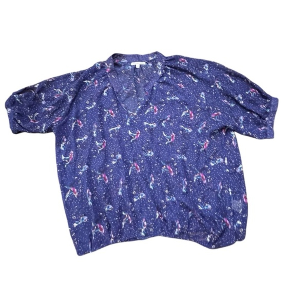 Charlotte Russe Bird Glitter Blouse Navy Blue Size Small Sheer Y2K Colorful